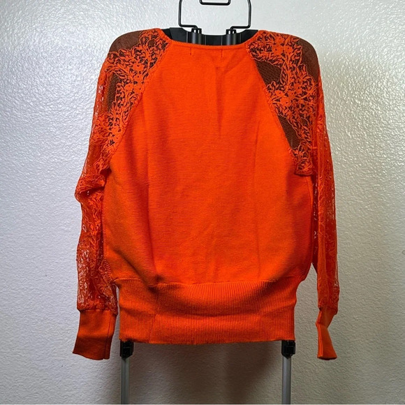 Vibrant Orange V-Neck Sweater with Lace Detail - Picture 7 of 9